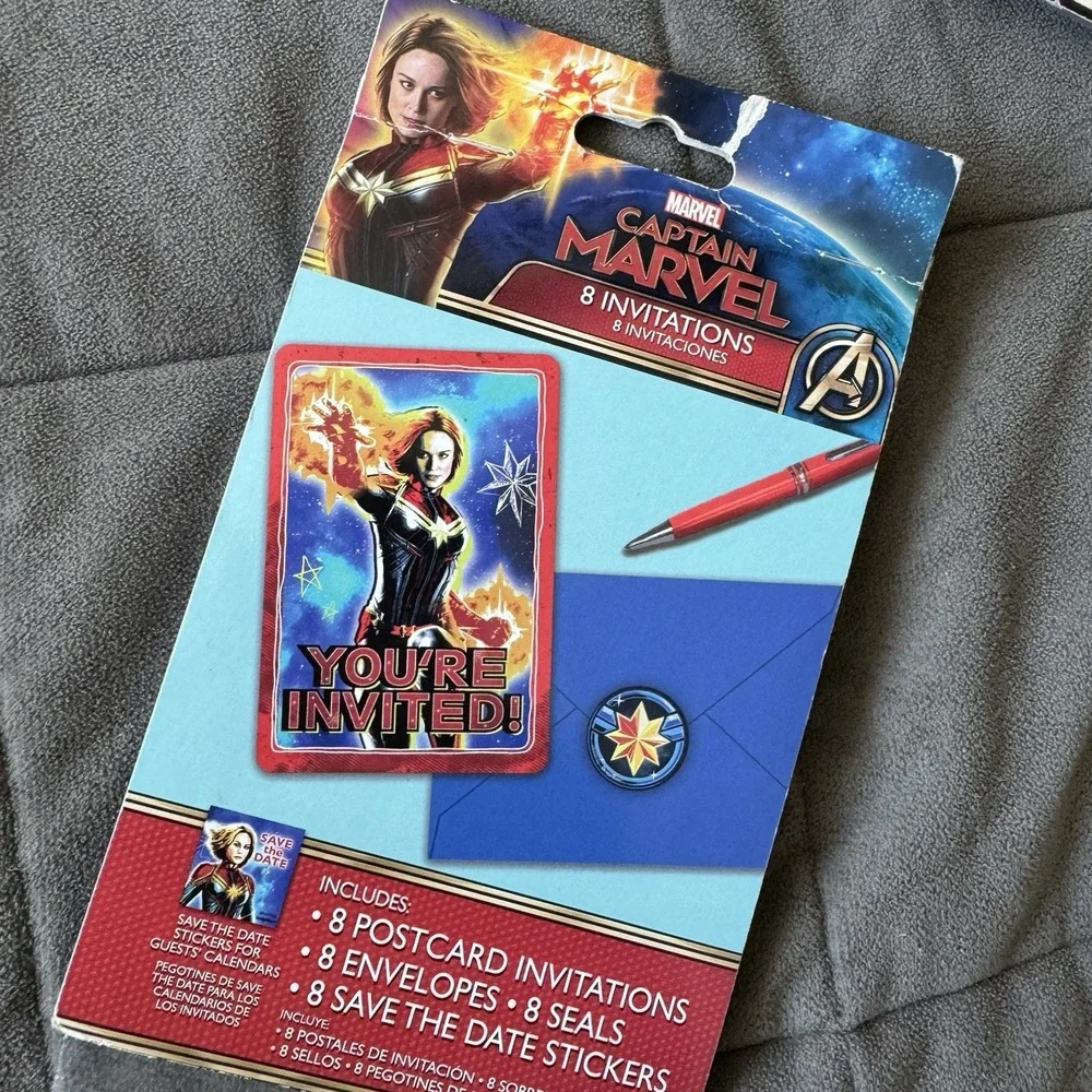 Captain Marvel Birthday Party Decor Lot - Table Decor Kit, Invitations & Candle